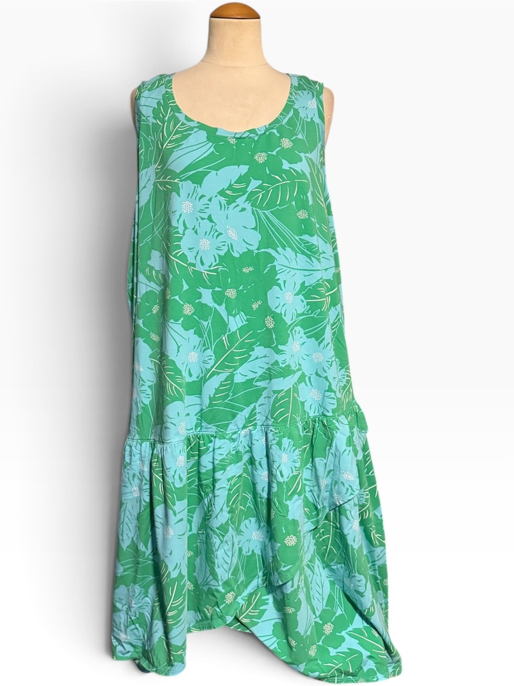 Lands End Tropical Tiered Ruffle Hem Sleeveless Midi Dress Green Size 3X